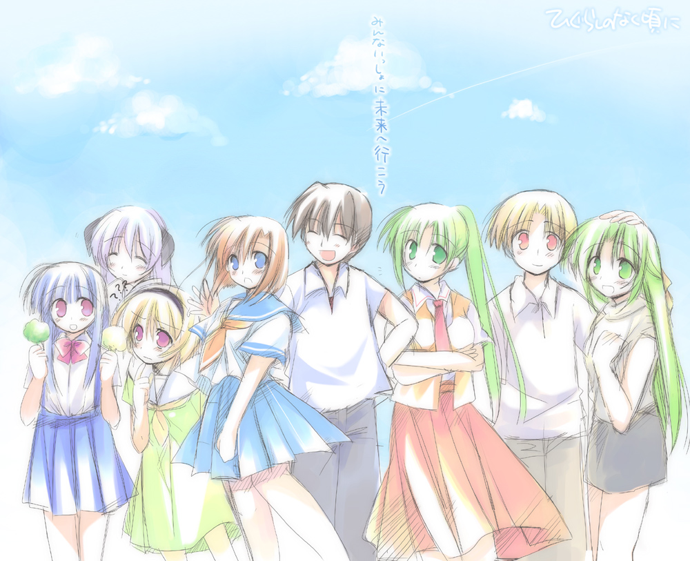 mizuki toko, mizukikoto, furude rika, hanyuu, houjou satoko, houjou satoshi, maebara keiichi, ryuuguu rena, sonozaki mion, sonozaki shion, higurashi no naku koro ni, 00s, 2boys, 6+girls, blonde hair, blue eyes, brown hair, everyone, green eyes, green hair, hairband, half updo, long hair, multiple boys, multiple girls, ponytail, purple eyes, purple hair, red eyes, school uniform, serafuku, short hair, siblings, sisters, sketch, skirt, twins