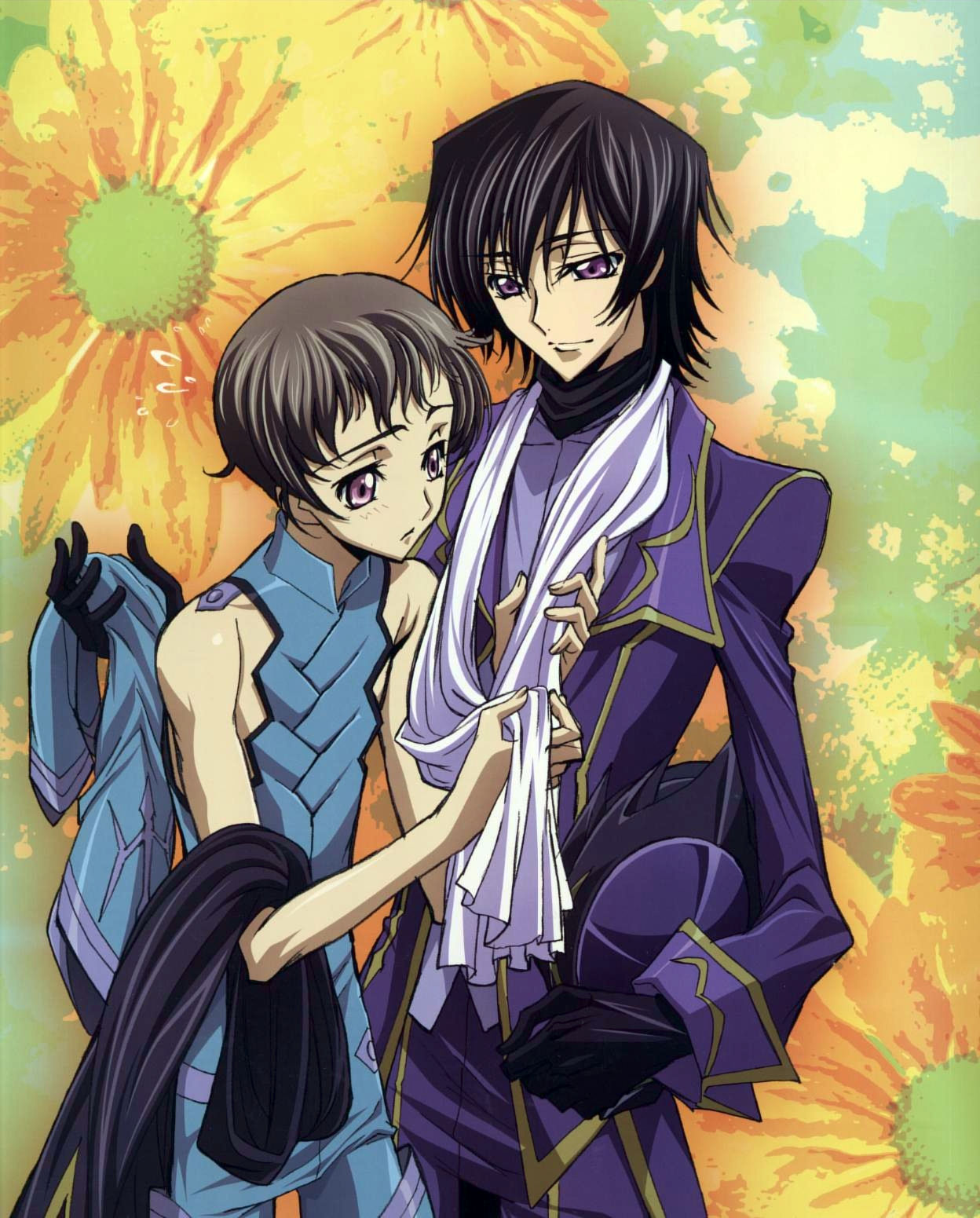 lelouch vi britannia, rolo lamperouge, zero (code geass), code geass, highres, 00s, 2boys, black hair, brown hair, male focus, multiple boys, purple eyes, scarf