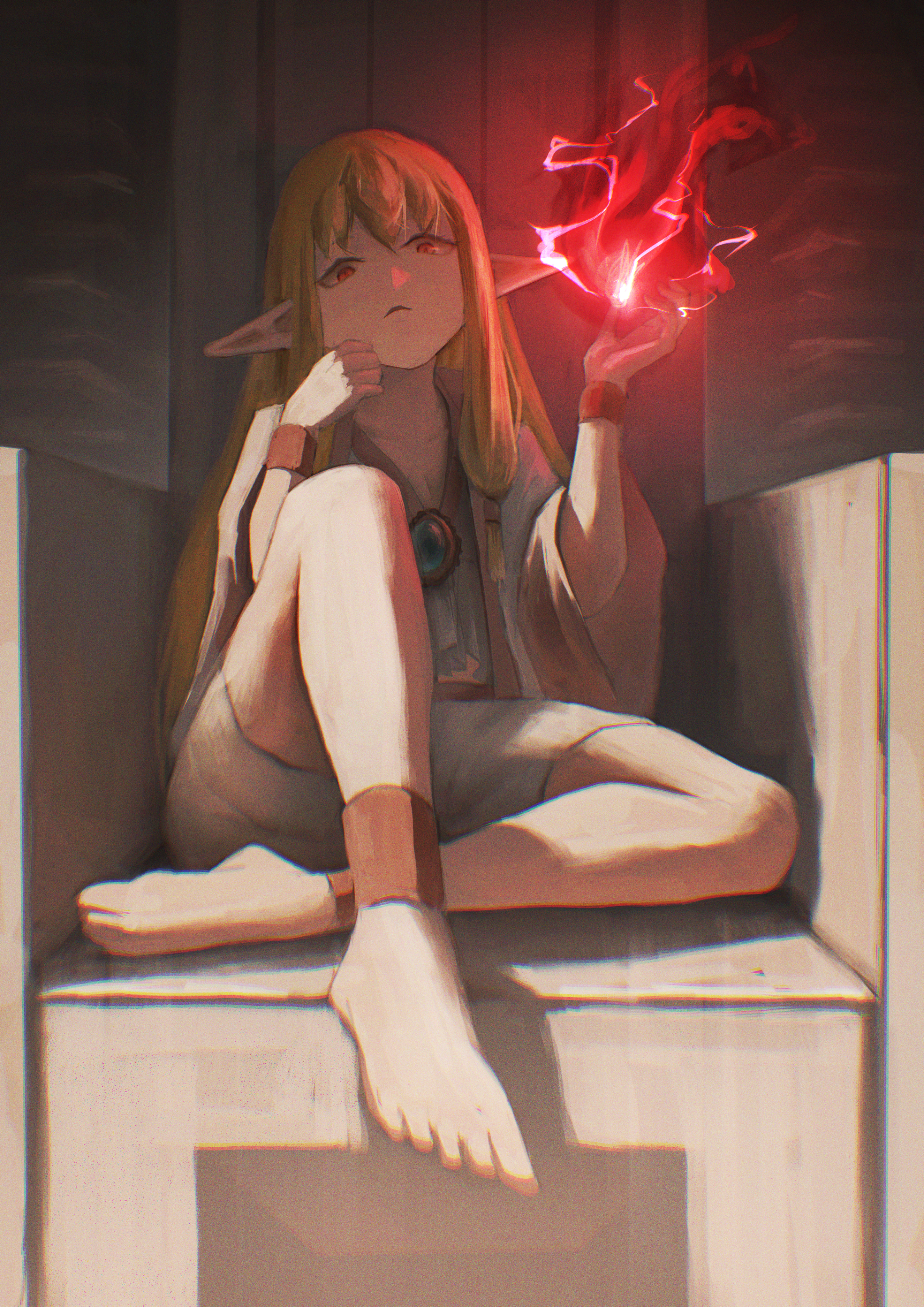 cchan tuka, serie (sousou no frieren), sousou no frieren, absurdres, commentary request, highres, 1girl, barefoot, chair, crossed legs, elf, frown, full body, grey shirt, grey shorts, hands up, long hair, looking at viewer, magic, on chair, orange hair, parted lips, pointy ears, red eyes, shirt, shorts, sitting, solo, three-quarter sleeves, wide sleeves