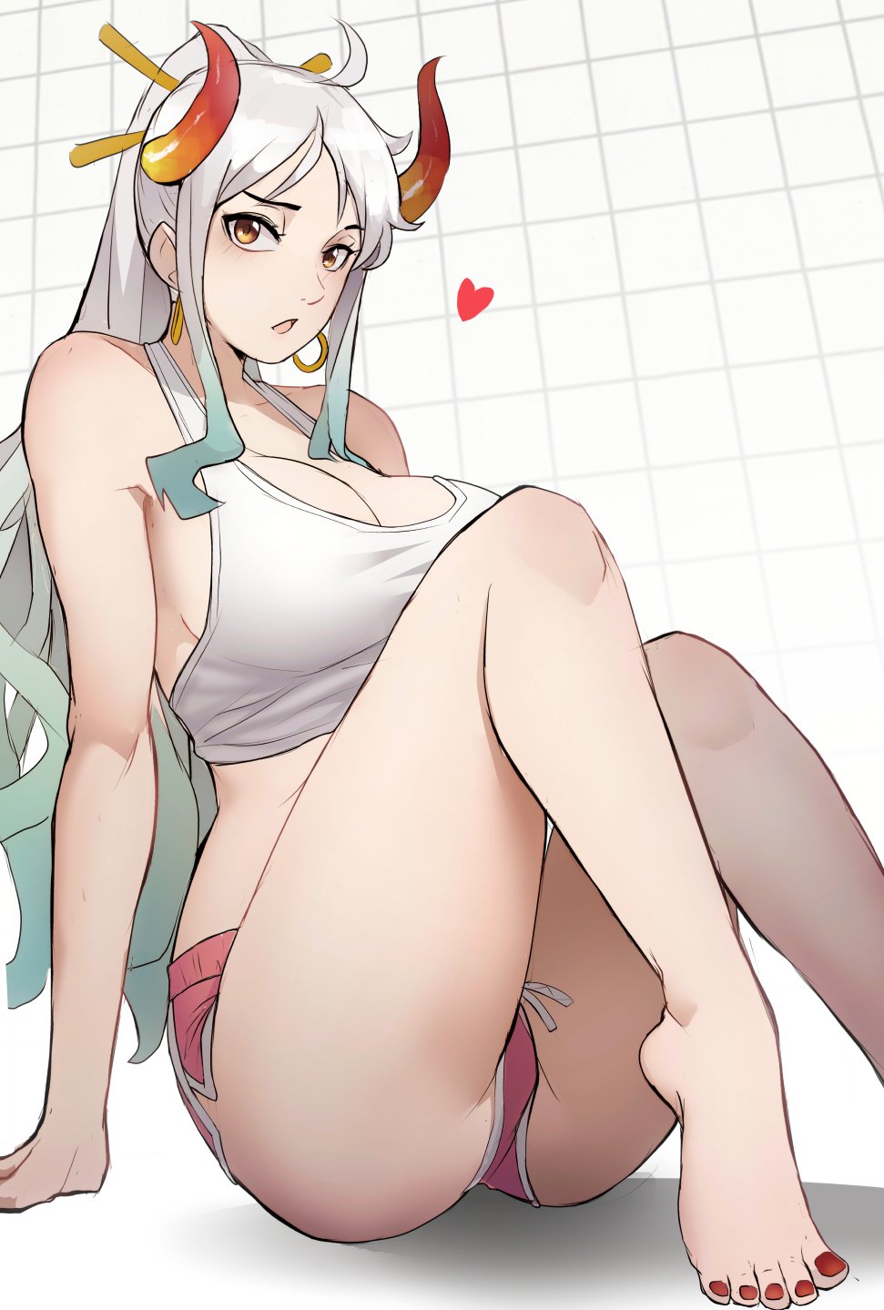 funi xd, yamato (one piece), one piece, highres, 1girl, ass, breasts, earrings, green hair, hair ornament, horns, jewelry, large breasts, long hair, looking at viewer, multicolored hair, multicolored horns, nail polish, ponytail, red horns, shorts, solo, white hair