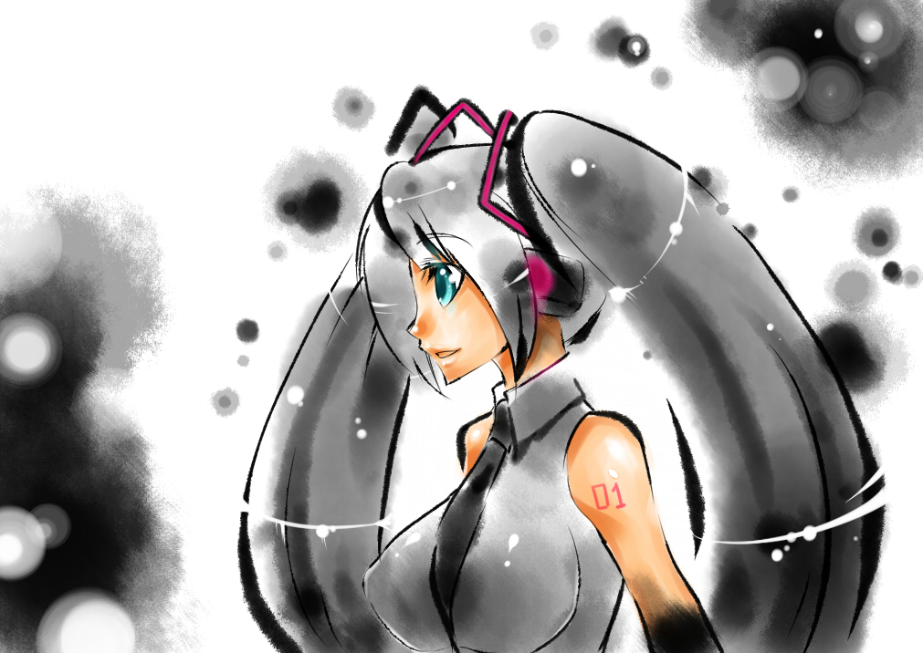 caw=zoo, hatsune miku, vocaloid, silver hair, 1girl, bare shoulders, breasts, expressionless, female focus, green eyes, headgear, large breasts, long hair, solo, twintails, upper body, very long hair