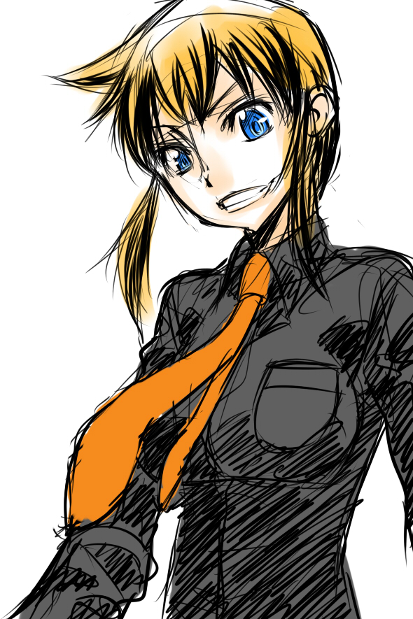 caw=zoo, kageyama torako, hyakko, 00s, 1girl, blonde hair, blue eyes, female focus, necktie, simple background, sketch, solo