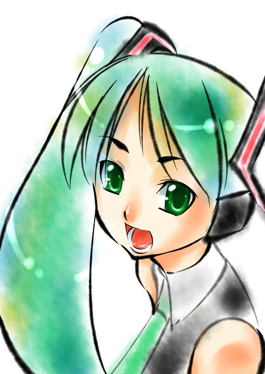 caw=zoo, hatsune miku, vocaloid, highres, 1girl, :d, aqua hair, aqua necktie, bare shoulders, collared shirt, dress shirt, female focus, green eyes, green hair, headgear, looking at viewer, matching hair/eyes, necktie, open mouth, shirt, simple background, sleeveless, sleeveless shirt, smile, solo, twintails, white background