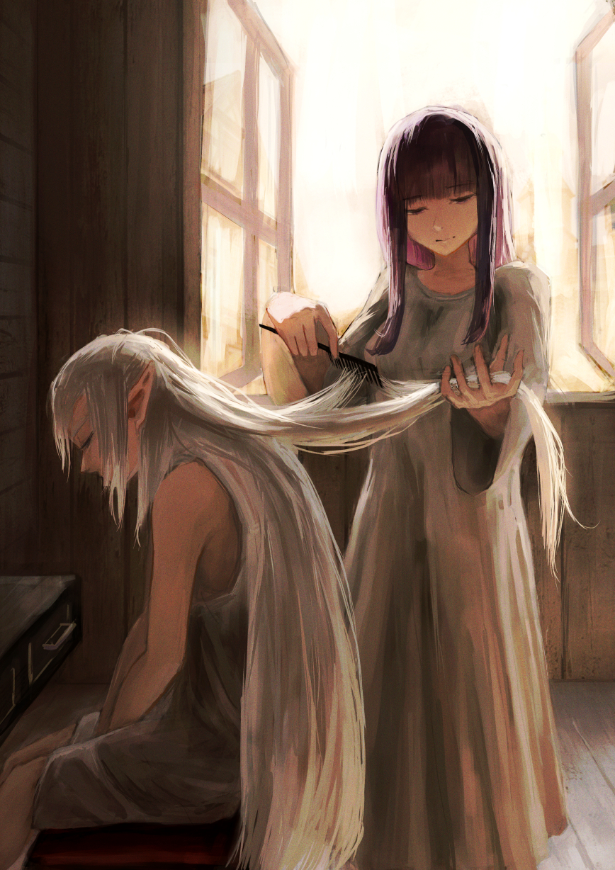 cchan tuka, fern (sousou no frieren), frieren, sousou no frieren, commentary, english commentary, highres, 2girls, blunt bangs, brushing another's hair, brushing hair, closed eyes, closed mouth, dress, elf, expressionless, grey dress, grey hair, indoors, long hair, long sleeves, morning, multiple girls, nightgown, open window, pointy ears, purple hair, sitting, sleeveless, sleeveless dress, slice of life, standing, straight hair, very long hair, window