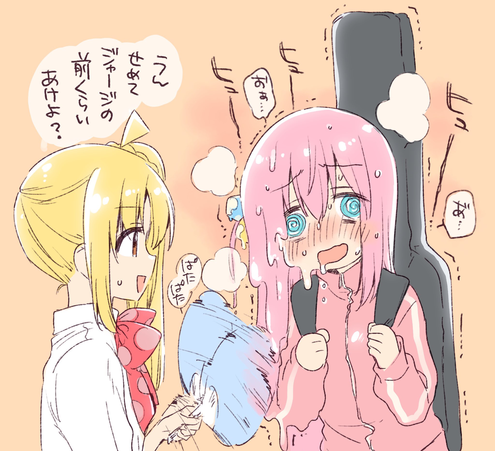 kuroi mimei, gotoh hitori, ijichi nijika, bocchi the rock!, commentary request, highres, translation request, 2girls, :d, @ @, afterimage, ahoge, blonde hair, blue eyes, blush, bow, bowtie, cube hair ornament, fanning, furrowed brow, guitar case, hair between eyes, hair ornament, hands up, hot, instrument case, jacket, long hair, long sleeves, looking at another, looking at viewer, melting, multiple girls, nose blush, one side up, open mouth, orange background, pink hair, pink jacket, polka dot, polka dot bow, polka dot bowtie, red bow, red bowtie, red eyes, shirt, simple background, smile, sound effects, speech bubble, sweat, track jacket, upper body, very long hair, white shirt