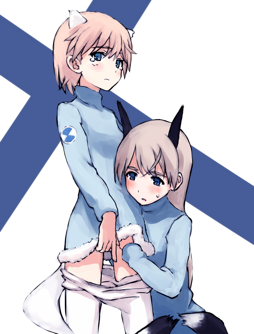 shibafu (glock23), eila ilmatar juutilainen, nikka edvardine katajainen, brave witches, strike witches, world witches series, bad id, bad pixiv id, 00s, 10s, 2girls, animal ears, blue eyes, blush, finnish flag, multiple girls, pantyhose, short hair, tail, tears, tomboy, weasel ears, weasel tail, white pantyhose, yuri