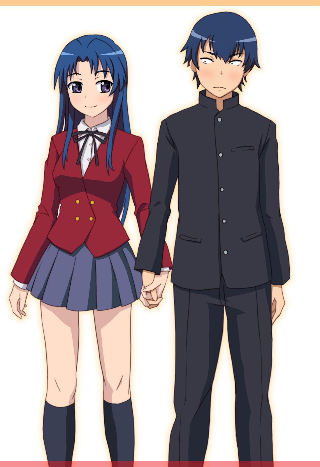doraemono, kawashima ami, takasu ryuuji, toradora!, bad id, bad pixiv id, highres, 00s, 1boy, 1girl, blue eyes, blue hair, good end, hetero, holding hands, long hair, school uniform, short hair