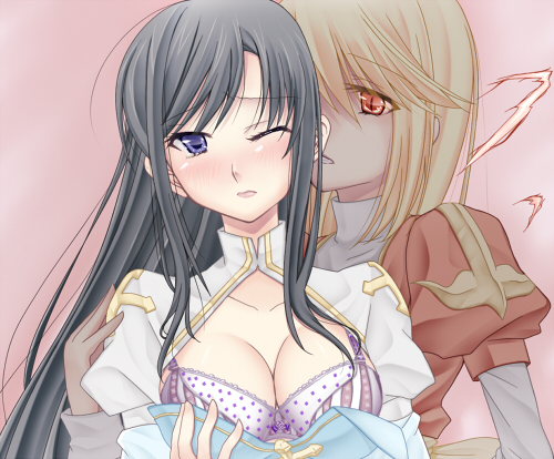 date morino, arch bishop (ragnarok online), high priest (ragnarok online), margaretha sorin, ragnarok online, commentary request, lowres, 2girls, bio lab, black hair, blonde hair, blue dress, blush, bra, breasts, cleavage, cleavage cutout, clothing cutout, cross, dress, juliet sleeves, long hair, long sleeves, medium breasts, multiple girls, one eye closed, open mouth, pink background, puffy sleeves, purple bra, purple eyes, red dress, red eyes, simple background, two-tone dress, underwear, upper body, white dress, yuri