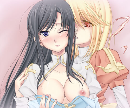 date morino, arch bishop (ragnarok online), high priest (ragnarok online), margaretha sorin, ragnarok online, commentary request, lowres, 2girls, bio lab, black hair, blonde hair, blue dress, blush, breasts, cleavage, cleavage cutout, clothing cutout, cross, dress, juliet sleeves, long hair, long sleeves, medium breasts, multiple girls, nipples, one eye closed, open mouth, pink background, puffy sleeves, purple eyes, red dress, red eyes, simple background, two-tone dress, upper body, white dress, yuri