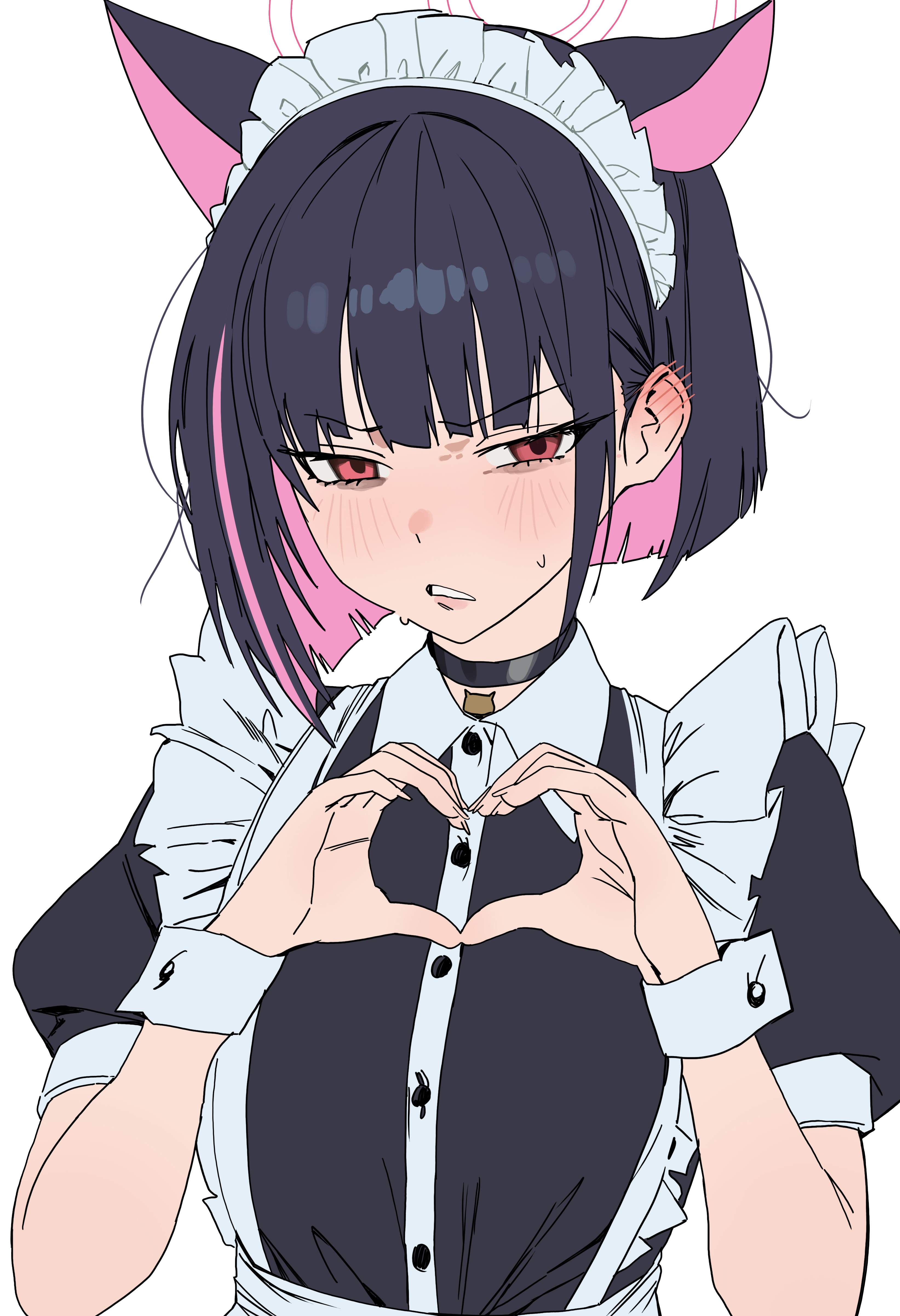 riel (rielilu), kazusa (blue archive), blue archive, absurdres, commentary, highres, 1girl, alternate costume, animal ears, black hair, cat ears, cat girl, colored inner hair, enmaided, extra ears, halo, heart, heart hands, looking at viewer, maid, maid headdress, multicolored hair, pink hair, red eyes, short hair, simple background, solo, upper body, white background, white halo