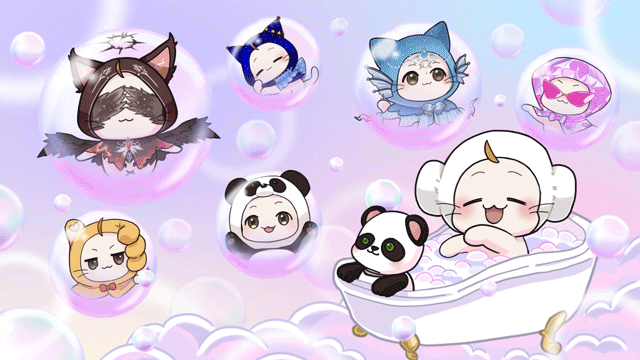baobao (infinity nikki), momo (nikki), infinity nikki, nikki (series), commentary request, :3, ^ ^, ahoge, animal, animal costume, animal focus, bath, bathing, bathtub, bird wings, black cloak, black halo, black wings, blue bow, blue bowtie, blue cloak, bow, bowtie, brooch, bubble, bubble background, bubble bath, cat, circlet, cloak, closed eyes, closed mouth, clothed animal, cosplay, covered eyes, diamond (gemstone), feathered wings, fins, frilled cloak, glasses, halo, hand on own cheek, hand on own face, happy, head fins, hood, hood up, hooded cloak, jewelry, kigurumi, light blush, mysaki26, navel, no humans, official alternate costume, opaque glasses, open mouth, panda, panda costume, partially submerged, pink-tinted eyewear, pink background, pink bow, pink bowtie, pink clouds, print hood, red bow, red bowtie, sleeping, smile, spiked halo, spread wings, starry sky print, sunglasses, thumbs up, tinted eyewear, towel, towel on head, traditional bowtie, triangular eyewear, whiskers, white bow, white bowtie, white cat, winged animal, wings, yellow cloak