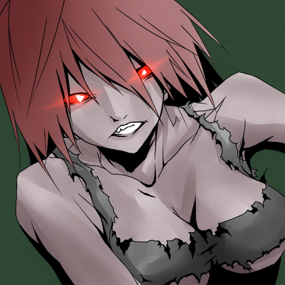 jin (mugenjin), witch (left4dead), left 4 dead, left 4 dead 1, 1girl, bra, breasts, cleavage, collarbone, female focus, glowing, glowing eyes, green background, large breasts, lingerie, looking at viewer, red eyes, red hair, sharp teeth, simple background, solo, teeth, torn clothes, underwear, upper body, zombie