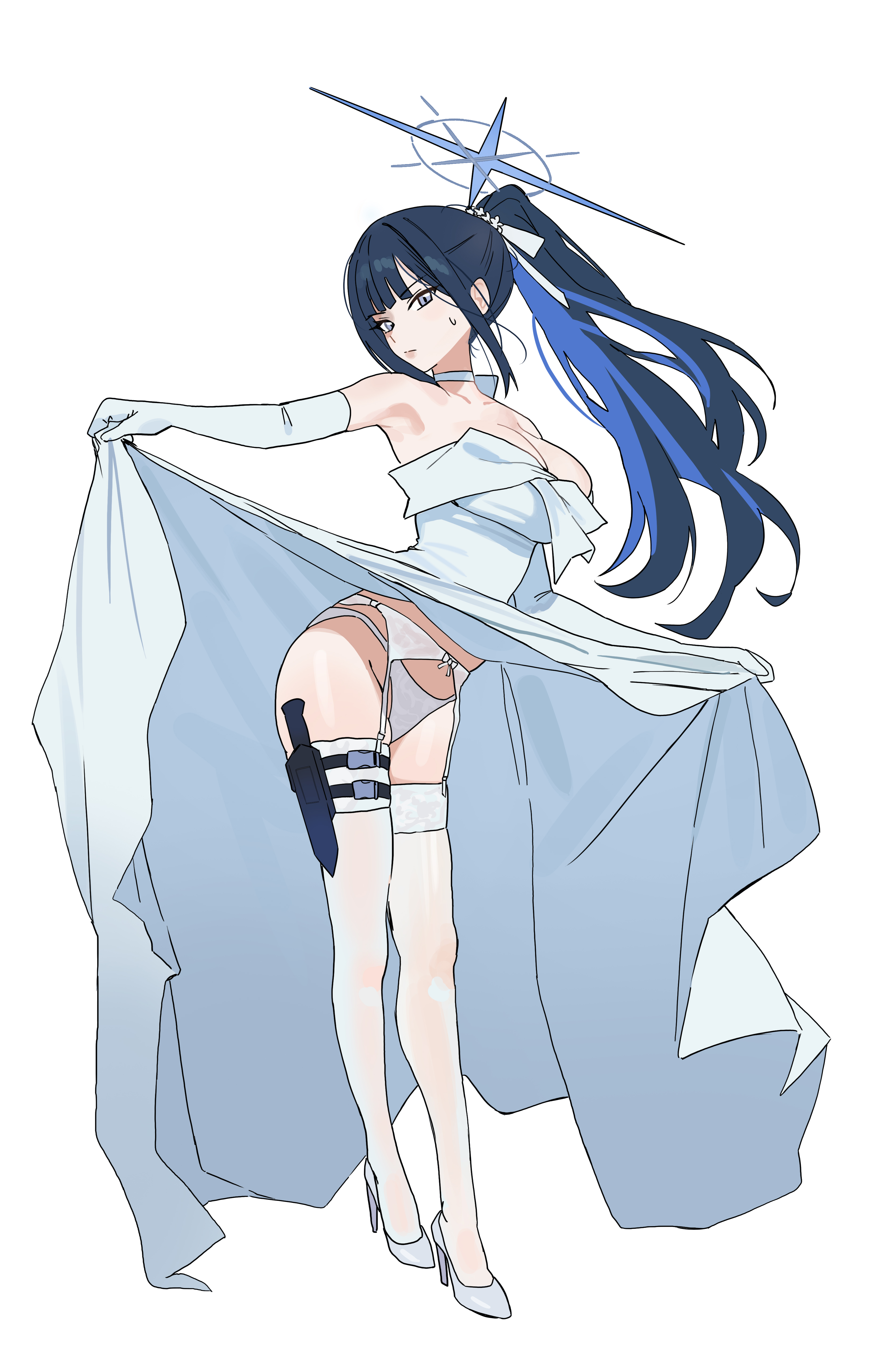 riel (rielilu), saori (blue archive), saori (dress) (blue archive), blue archive, absurdres, commentary, highres, 1girl, blue hair, blue halo, choker, clothes lift, colored inner hair, dress, dress lift, elbow gloves, garter straps, gloves, halo, high heels, knife sheath, multicolored hair, official alternate costume, panties, ponytail, sheath, solo, thigh sheath, thighhighs, underwear, white choker, white dress, white garter straps, white gloves, white panties, white thighhighs
