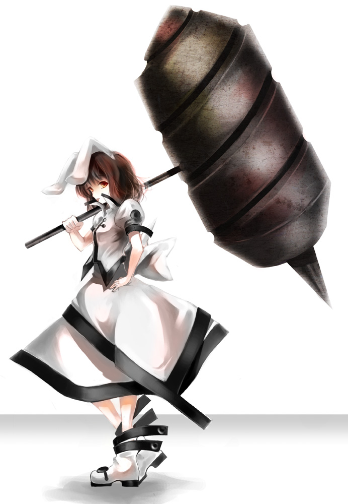 tomasu, tsurukame, inaba tewi, touhou, 1girl, :p, alternate color, alternate costume, animal ears, boots, brown hair, dress, female focus, hammer, hand on own hip, hip focus, huge weapon, rabbit ears, red eyes, solo, tongue, tongue out, weapon, white dress
