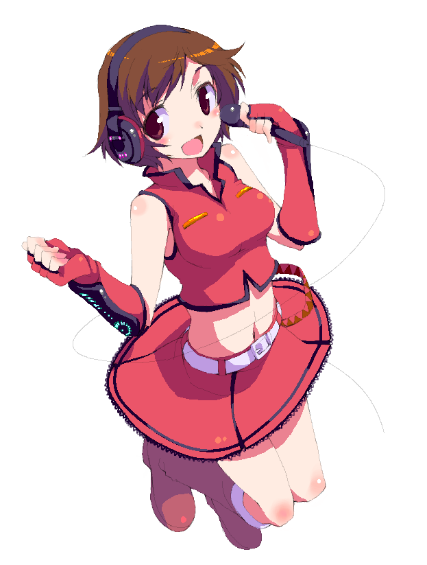 atsumuchi, chin (pixiv), hisakawa chin, meiko (vocaloid), sakine meiko, vocaloid, bad id, bad pixiv id, 1girl, brown hair, female focus, headphones, microphone, midriff, navel, short hair, solo