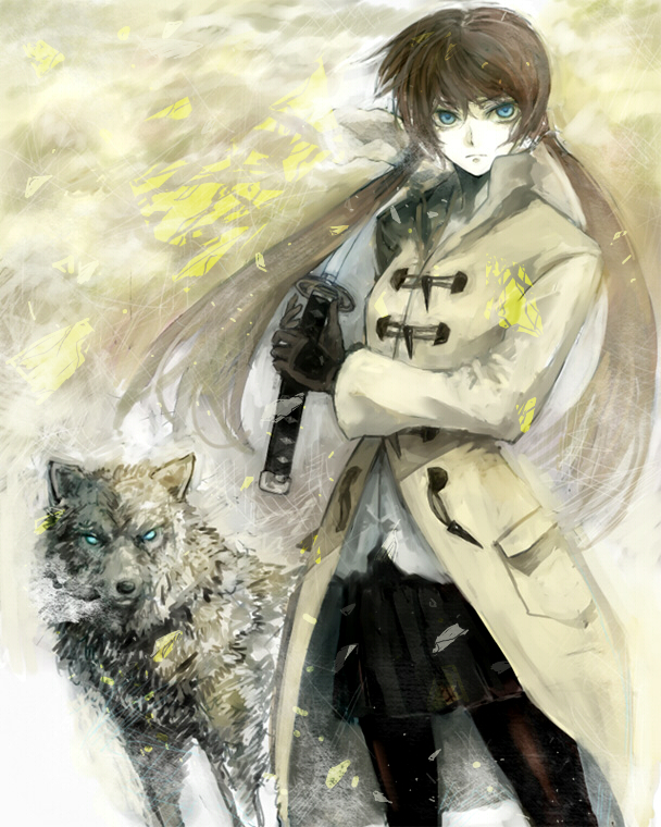 shrimpman, original, blue eyes, brown hair, coat, dress shirt, gloves, long hair, pale skin, pantyhose, pleated skirt, shirt, skirt, sword, twintails, weapon, wolf