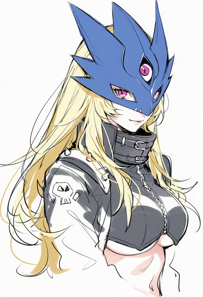 kisaragi shokuin, beelstarmon, digimon, ai-assisted, highres, 1girl, blonde hair, breasts, digimon (creature), eye mask, large breasts, long hair, mask, simple background, smile, solo, third eye, underboob