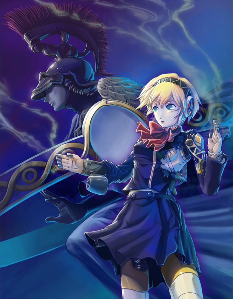 hi-ho-, aigis (persona), athena, athena (megami tensei), atlus, persona, persona 3, android, blonde hair, blue eyes, ribbon, short hair, smoke, steam, torn clothes