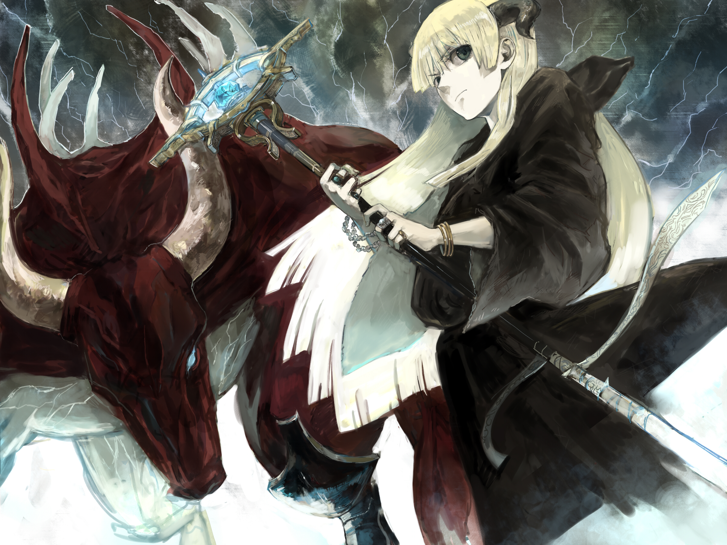 shrimpman, original, bad id, bad pixiv id, highres, blonde hair, bull, green eyes, horns, robe, staff
