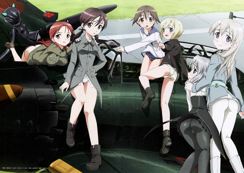 terao hiroyuki, a6m zero, eila ilmatar juutilainen, erica hartmann, gertrud barkhorn, minna-dietlinde wilcke, miyafuji yoshika, neuroi, neuroi girl, sanya v. litvyak, strike witches, world witches series, silver hair, duplicate, 00s, 6+girls, aircraft, airplane, ass, black pantyhose, blonde hair, blue eyes, brown eyes, brown hair, butt crack, cockpit, green eyes, military vehicle, multiple girls, no panties, no pants, panties, pantyhose, propeller fighter, red hair, swimsuit, swimsuit under clothes, underwear, upskirt, white pantyhose