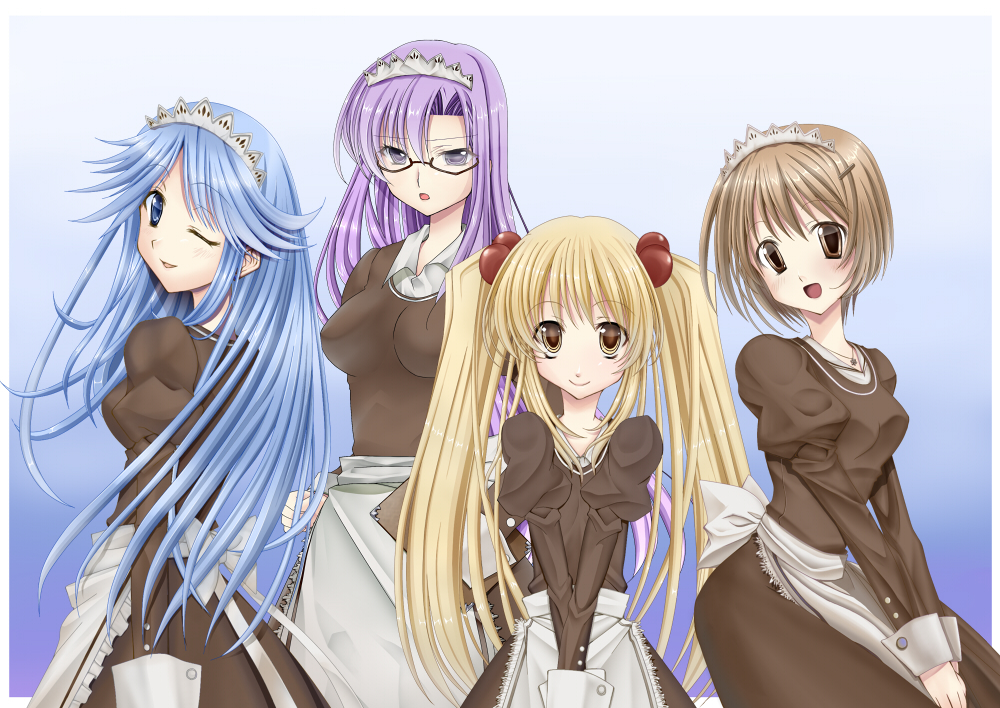 date morino, leilah (ragnarok online), pavianne (ragnarok online), roxie (ragnarok online), ragnarok online, commentary request, 4girls, apron, blonde hair, blue background, blue eyes, blue hair, blush, breasts, brown dress, brown eyes, brown hair, curly sue, dress, flat chest, glasses, hair bobbles, hair ornament, impossible clothes, impossible dress, juliet sleeves, kafra uniform, long hair, long sleeves, looking at viewer, maid, maid headdress, medium breasts, multiple girls, one eye closed, open mouth, puffy sleeves, purple eyes, purple hair, short hair, small breasts, smile, twintails, very long hair, waist apron, white apron, yellow eyes