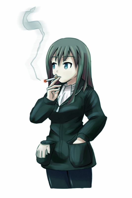 elizabeth f. beurling, strike witches, strike witches: suomus misfits squadron, world witches series, bad id, bad pixiv id, 00s, 1girl, blue eyes, cigarette, female focus, gloves, green hair, pantyhose, smoke, smoking, solo