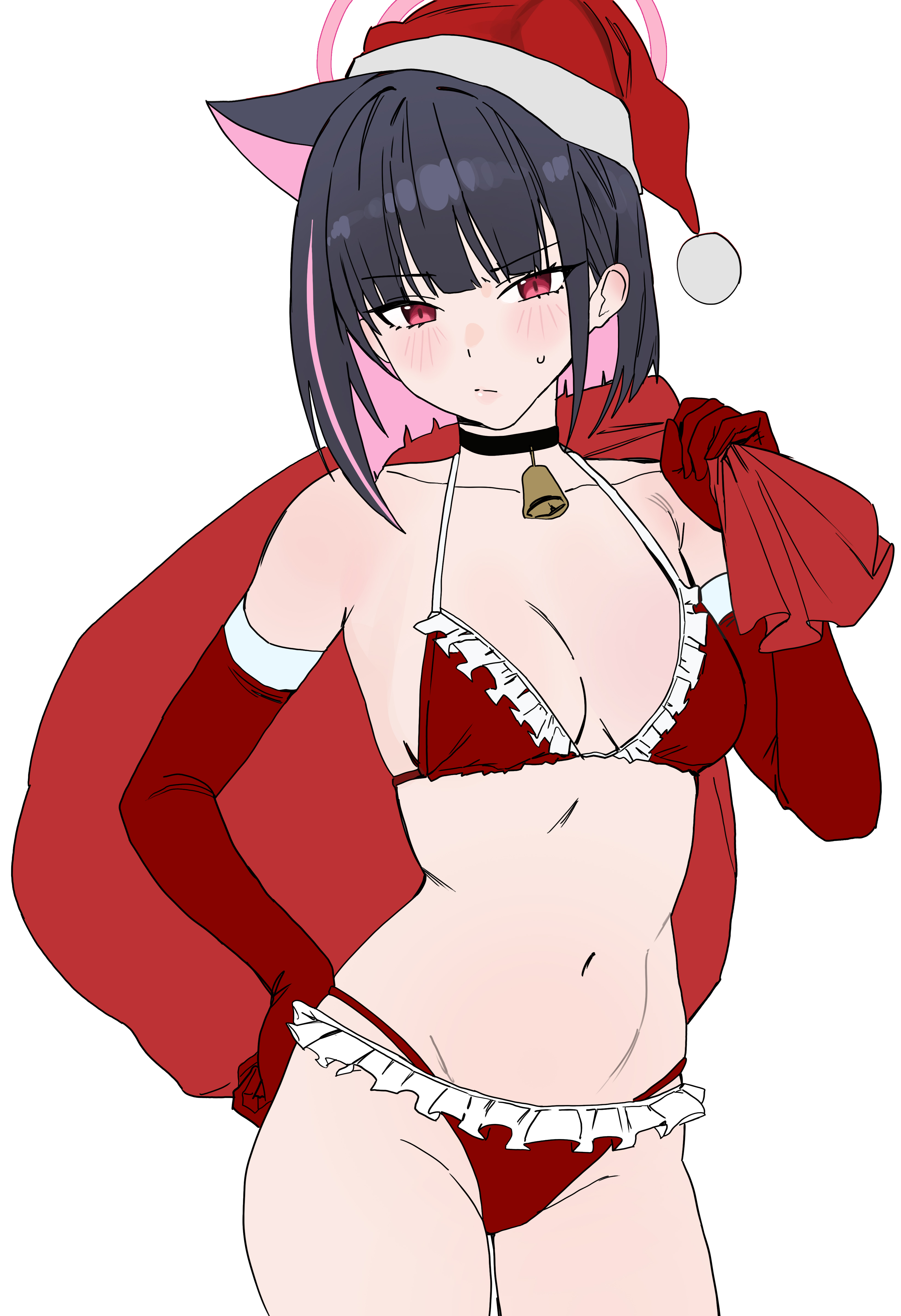 riel (rielilu), kazusa (blue archive), blue archive, absurdres, commentary, highres, 1girl, alternate costume, animal ears, bag, bell, bikini, black hair, blush, breasts, cat ears, christmas, closed mouth, collarbone, colored inner hair, elbow gloves, extra ears, frilled bikini, frills, gloves, hat, holding, holding bag, looking at viewer, medium breasts, multicolored hair, navel, neck bell, pink hair, red bikini, red gloves, red hat, santa hat, short hair, solo, swimsuit, two-tone hair