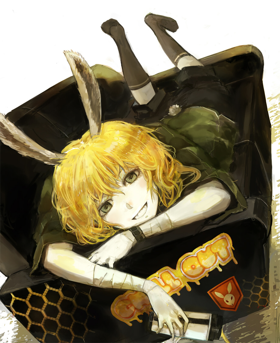 shrimpman, original, bad id, bad pixiv id, gender request, androgynous, animal ears, blonde hair, green eyes, lying, rabbit ears, rabbit tail, smile, solo, tail