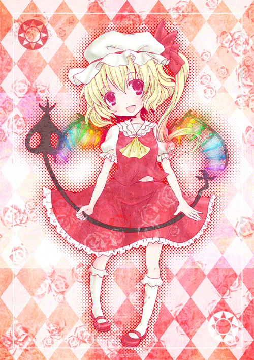 emo (artist), emo (mikan), flandre scarlet, touhou, bad id, bad pixiv id, 1girl, blonde hair, blouse, collared shirt, emo (pixiv), female focus, hat, head tilt, laevatein, mob cap, red eyes, red shoes, shirt, shoes, socks, solo, white hat, white shirt, white socks, wings