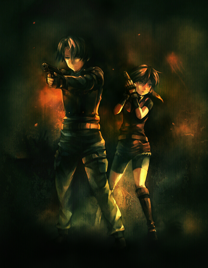 sui (petit comet), claire redfield, leon s. kennedy, resident evil, resident evil 2, bad id, bad pixiv id, 1boy, 1girl, belt, bike shorts, bodysuit, boots, brown hair, dark, denim, denim shorts, fingerless gloves, gloves, gun, knee boots, latex, police, police uniform, ponytail, shorts, weapon