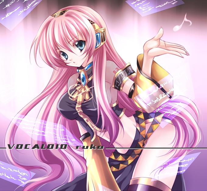 su (pixiv44447), megurine luka, vocaloid, bad id, bad pixiv id, 1girl, blue eyes, breasts, female focus, headphones, large breasts, long hair, pink hair, solo, thighhighs, very long hair