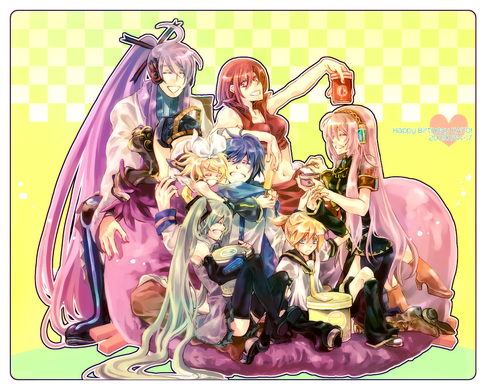 miom, hatsune miku, kagamine len, kagamine rin, kaito (vocaloid), kamui gakupo, megurine luka, meiko (vocaloid), vocaloid, 3boys, 4girls, aqua eyes, aqua hair, birthday, blonde hair, blue eyes, blue hair, detached sleeves, eggplant, everyone, food, hair ornament, hairclip, headphones, ice cream, long hair, multiple boys, multiple girls, necktie, pink hair, popsicle, purple hair, ribbon, thighhighs, twintails, very long hair