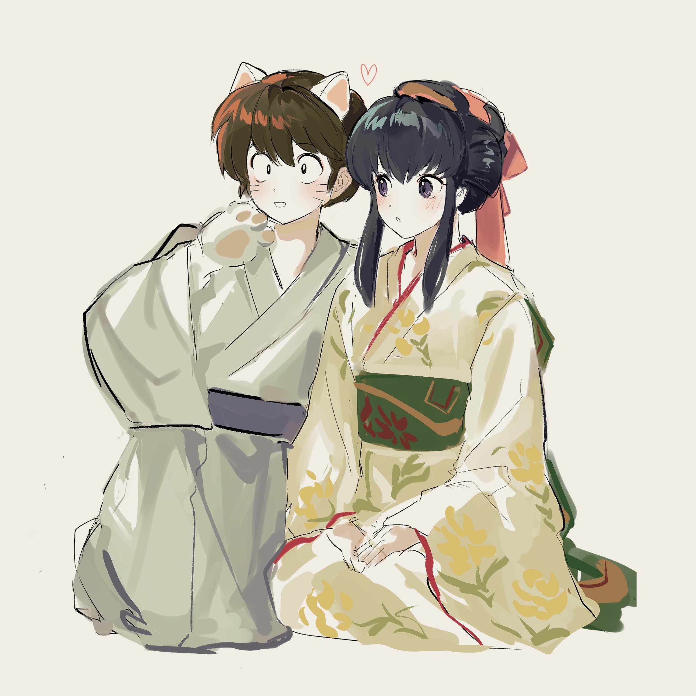 88 77k, godai yuusaku, otonashi kyouko, maison ikkoku, absurdres, highres, 1boy, 1girl, animal ears, black hair, blush, bow, brown hair, cat ears, facial mark, floral print, floral print kimono, hair bow, heart, japanese clothes, kimono, long bangs, open mouth, print kimono, simple background, whisker markings, white background