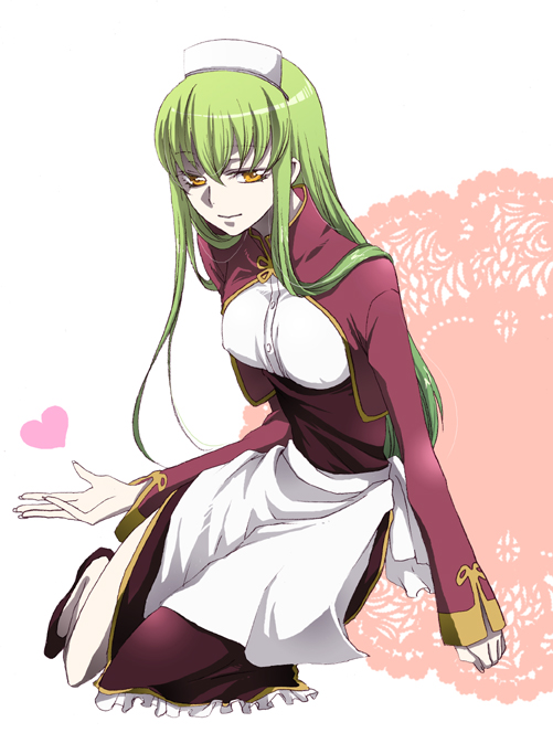 hayato (gt), hito (pixiv153199), c.c., code geass, bad id, bad pixiv id, 00s, 1girl, alternate costume, apron, enmaided, female focus, green hair, maid, maid apron, solo, yellow eyes