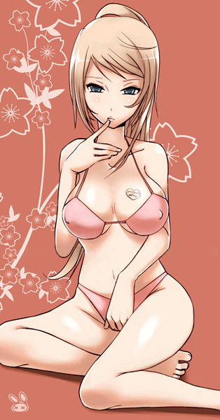 corn syrup, samus aran, metroid, 1girl, barefoot, bikini, blonde hair, blue eyes, blush, breasts, covered erect nipples, finger to mouth, legs, long hair, midriff, ponytail, solo, swimsuit, tattoo, thighs, watermark
