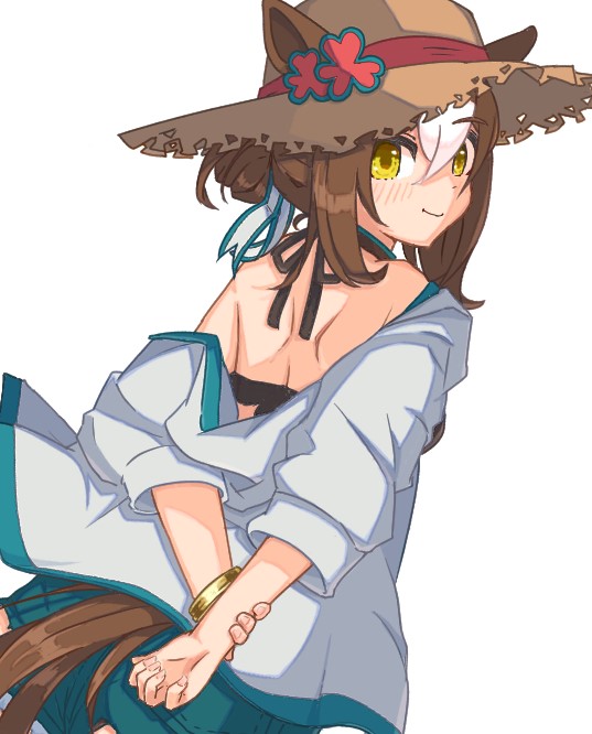 sudzume, fine motion (umamusume), umamusume, 1girl, animal ears, bare back, blush, brown hair, clover hair ornament, dress, ear ornament, from behind, green eyes, hair between eyes, hair bun, hair ornament, hat, horse ears, horse girl, horse tail, long sleeves, looking at viewer, multicolored hair, smile, solo, straw hat, sundress, swimsuit, tail, white hair