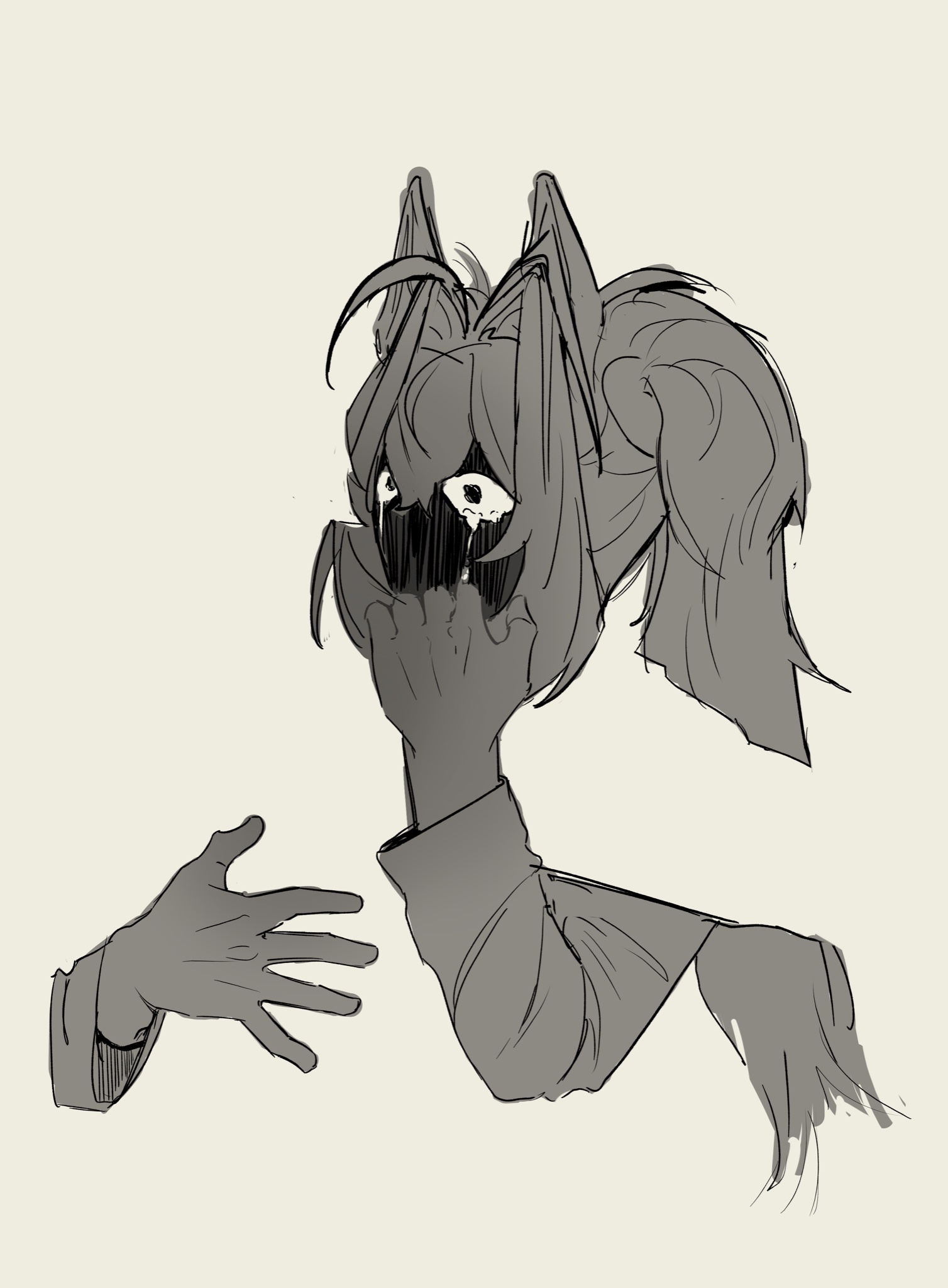 yol yoola, daiwa scarlet (umamusume), umamusume, commentary, hashtag-only commentary, highres, 1girl, animal ears, cropped torso, crying, crying with eyes open, grey background, greyscale, hair intakes, horse ears, horse girl, hug, long hair, long sleeves, monochrome, sad, shirt, simple background, solo, streaming tears, tears, twintails, very long hair, wide-eyed