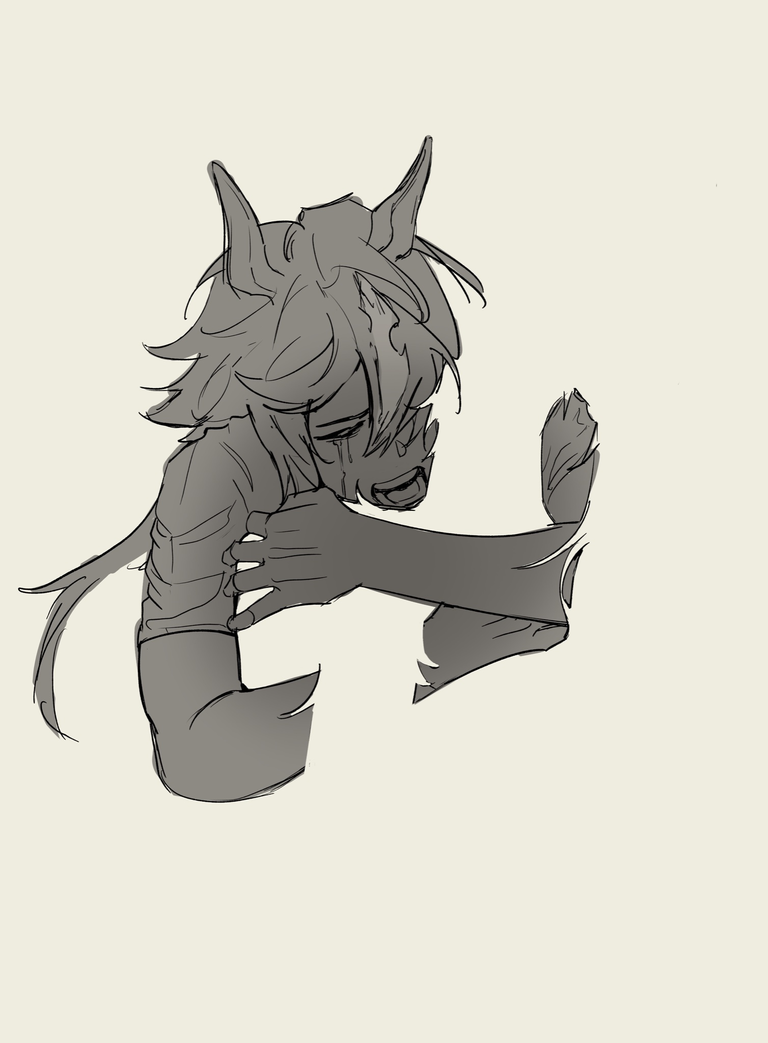 yol yoola, vodka (umamusume), umamusume, commentary, hashtag-only commentary, highres, 1girl, animal ears, bare arms, cropped torso, crossed arms, crying, grey background, greyscale, hair between eyes, horse ears, horse girl, hug, long hair, low ponytail, monochrome, multicolored hair, open mouth, ponytail, sad, shirt, short sleeves, simple background, solo, streaked hair, streaming tears, tears, teeth