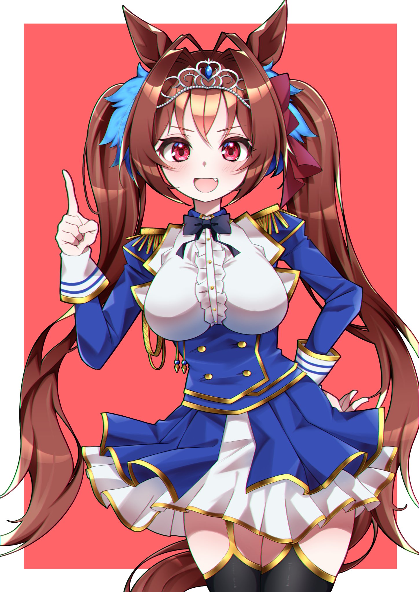 crutch elbow, daiwa scarlet (peak blue) (umamusume), daiwa scarlet (umamusume), umamusume, highres, 1girl, aiguillette, animal ears, black bow, black bowtie, blue jacket, bow, bowtie, brown hair, center frills, ear bow, ear ribbon, epaulettes, fang, framed breasts, frills, garter straps, hair intakes, horse ears, horse girl, horse tail, jacket, juliet sleeves, layered legwear, layered skirt, long hair, long sleeves, puffy sleeves, skirt, solo, tail, tiara, twintails, underbust