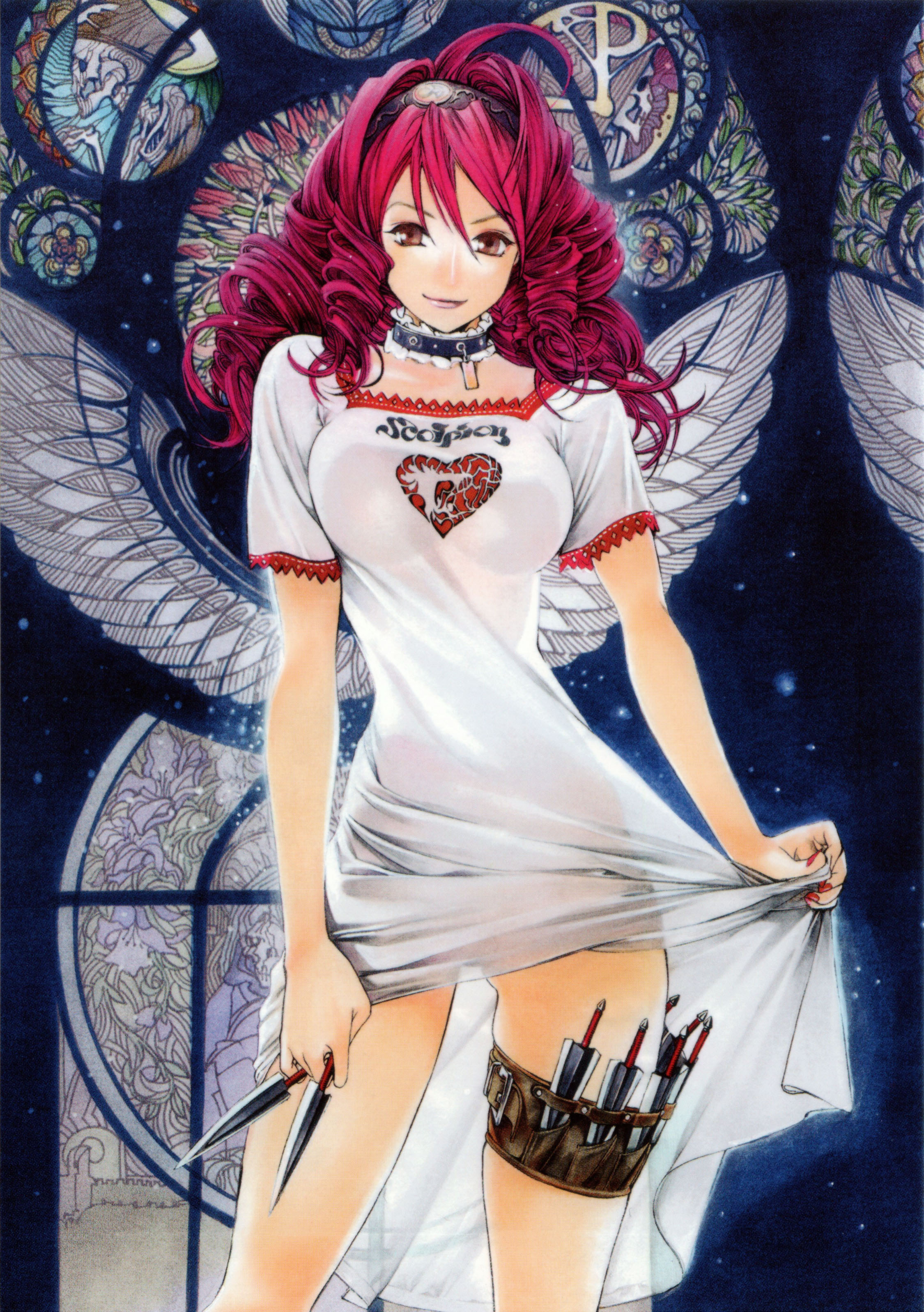 oogure ito, isuzu emi, tenjou tenge, absurdres, highres, scan, 1girl, bottomless, choker, clothes lift, curly hair, dagger, dress, dress lift, drill hair, fake wings, female focus, knife, pink hair, see-through clothes, solo, thigh strap, weapon, wings