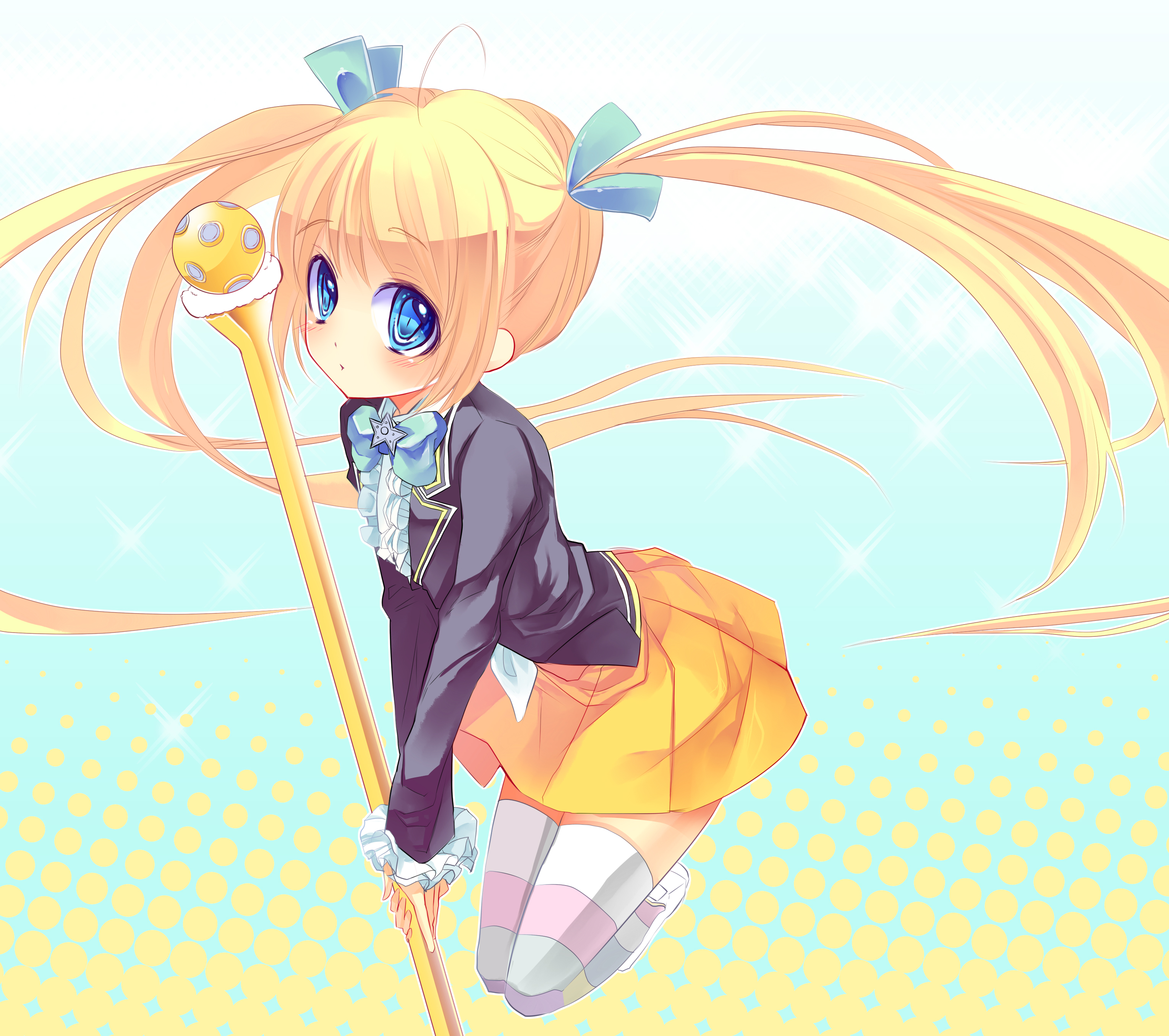 yu (bkks), mira (sumaga), sumaga, absurdres, bad id, bad pixiv id, highres, ahoge, blonde hair, blue eyes, blush, child, full body, hair ribbon, long hair, ribbon, school uniform, skirt, solo, staff, striped clothes, striped thighhighs, thighhighs, twintails, very long hair