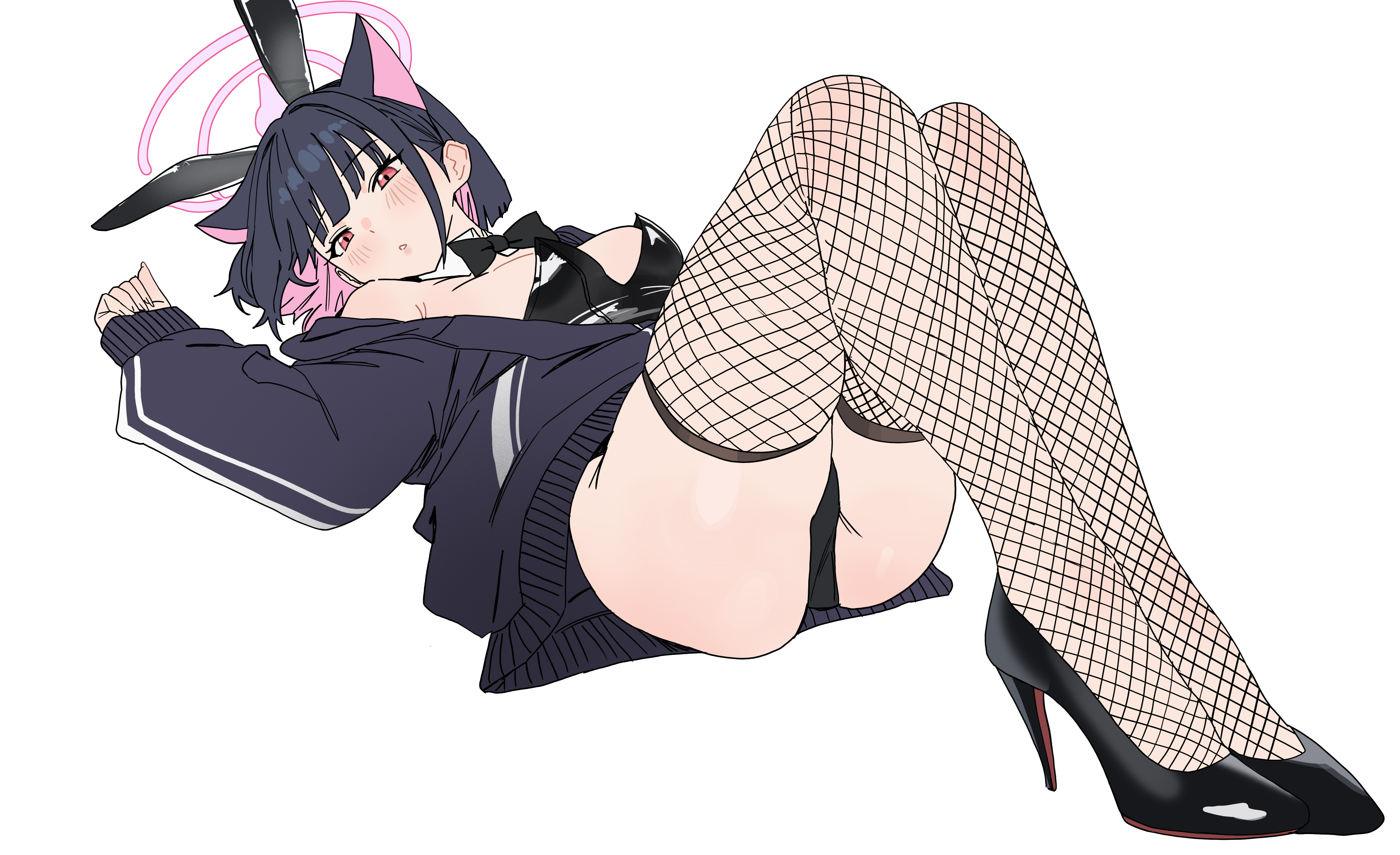 riel (rielilu), kazusa (blue archive), blue archive, absurdres, commentary, highres, 1girl, alternate costume, animal ears, black bow, black bowtie, black hair, black jacket, black leotard, black panties, bow, bowtie, detached collar, fake animal ears, fishnet thighhighs, fishnets, halo, high heels, jacket, knees up, legs, leotard, looking at viewer, lying, multicolored hair, on back, panties, pink eyes, pink hair, pink halo, playboy bunny, rabbit ears, short hair, simple background, solo, thighhighs, two-tone hair, underwear, white background