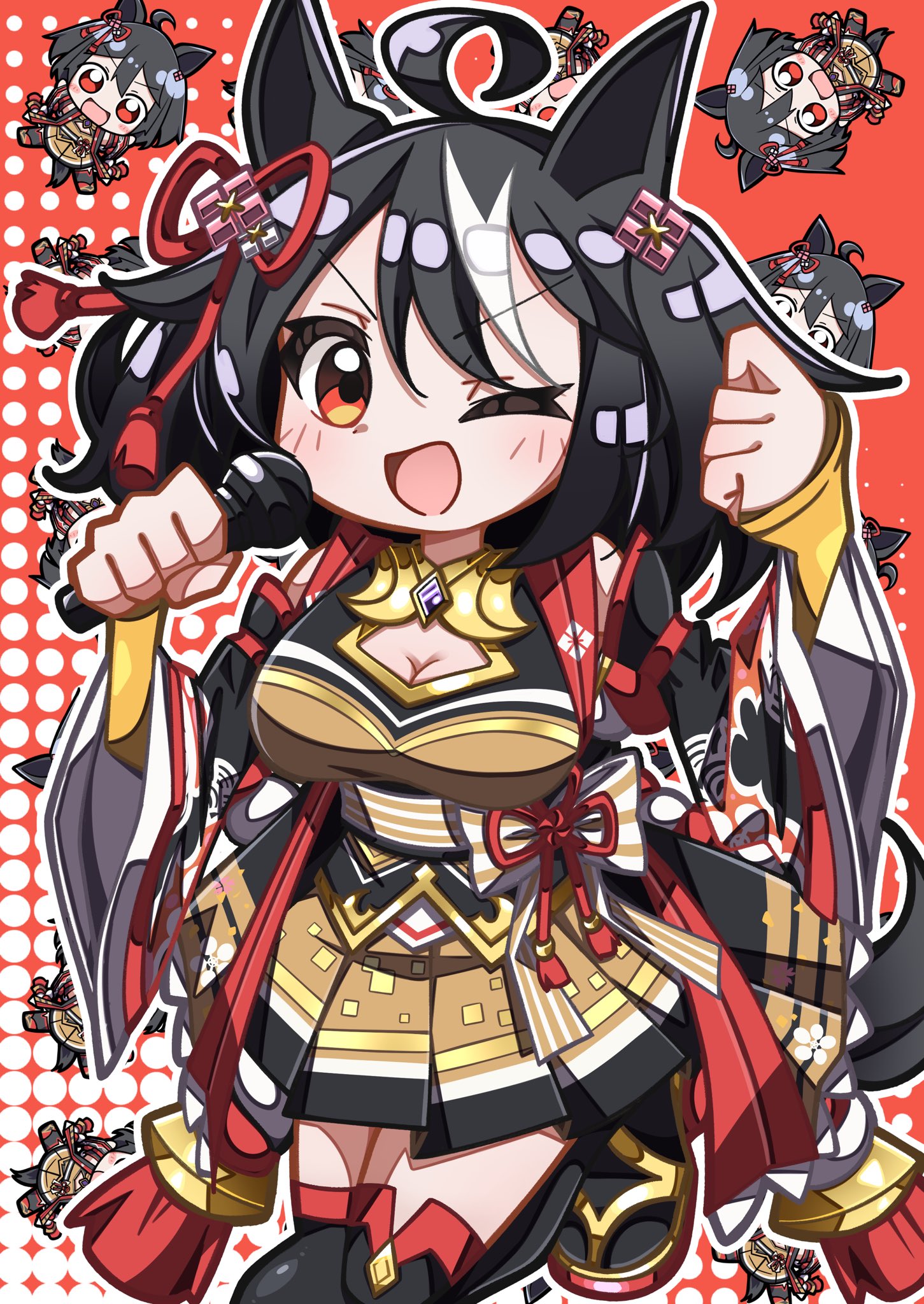crutch elbow, kitasan black (crowning ooban) (umamusume), kitasan black (umamusume), umamusume, highres, 1girl, ahoge, animal ears, black hair, bow, breasts, chanchanko (clothes), cleavage, cleavage cutout, clothing cutout, detached sleeves, ear ornament, ear ribbon, flower ornament, hair between eyes, hair ornament, holding, holding microphone, horse ears, horse girl, horse tail, kouhaku nawa, looking at viewer, microphone, multicolored hair, open mouth, red eyes, rope, shimenawa, short hair, smile, solo, streaked hair, tail, white hair, yellow sleeves