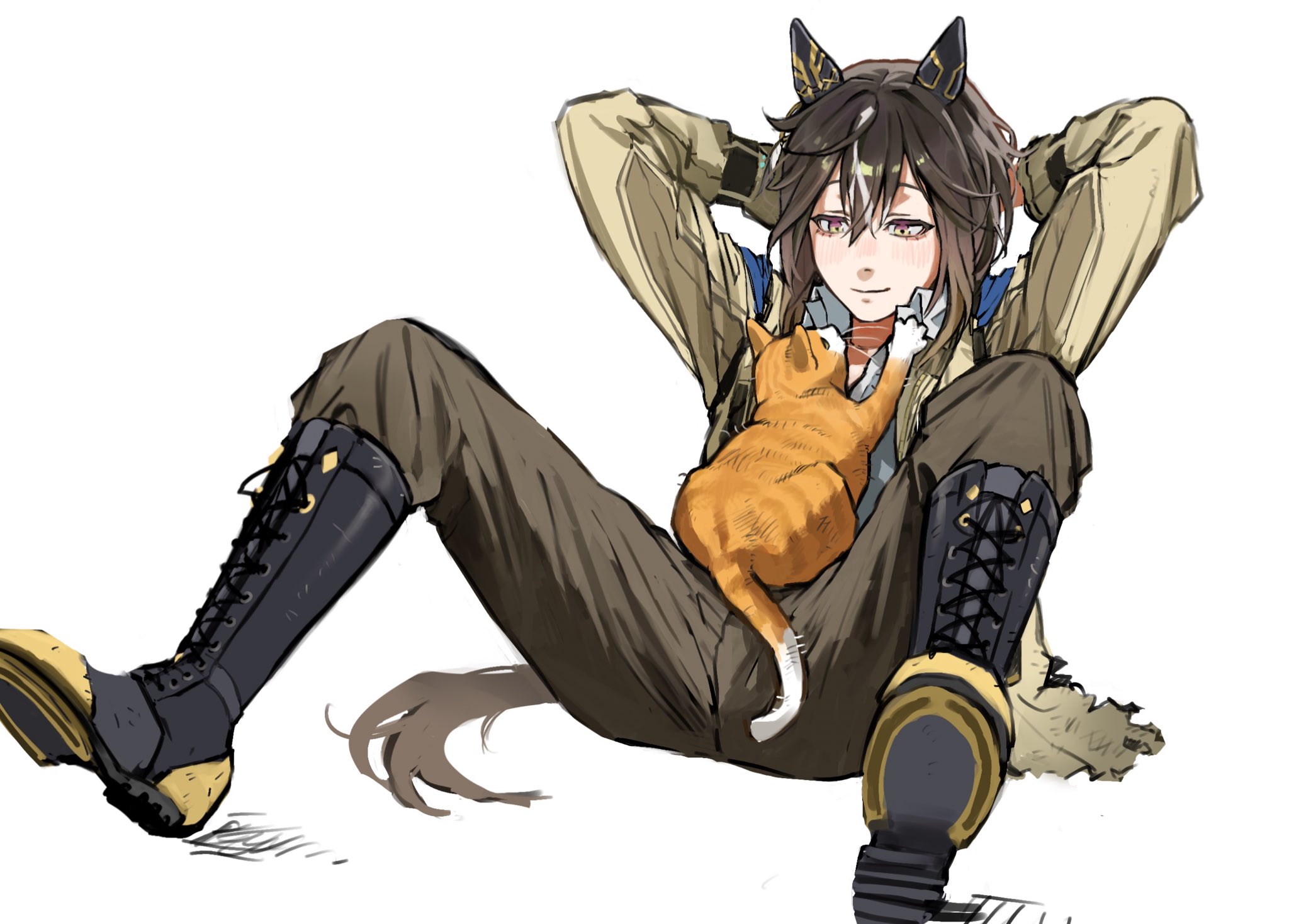 nohee07, stay gold (umamusume), umamusume, commentary request, highres, korean commentary, 1girl, animal ears, animal on stomach, arms behind head, belt, black belt, black boots, boots, brown hair, brown jacket, brown pants, cat, closed mouth, collared shirt, denim, dot nose, downturned eyes, dress pants, ear covers, exercising, full body, hair between eyes, happy, high collar, horse ears, horse girl, horse tail, jacket, jeans, knee boots, knees up, lace-up boots, light blush, long sleeves, looking at another, medium hair, multicolored hair, open clothes, open jacket, orange cat, pants, shirt, simple background, smile, solo, spread legs, streaked hair, tabby cat, tail, torn clothes, torn jeans, torn pants, white background, white shirt, wrist belt