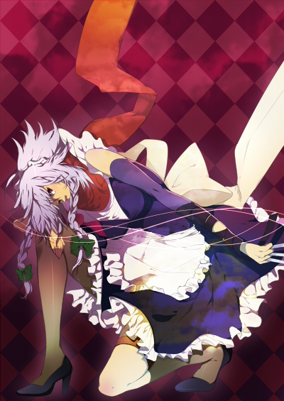 akishima kei, izayoi sakuya, perfect cherry blossom, touhou, silver hair, 1girl, between fingers, braid, brown eyes, female focus, high heels, holding, knife, maid, on one knee, pantyhose, ribbon, scarf, shoes, solo, string, throwing knife, weapon