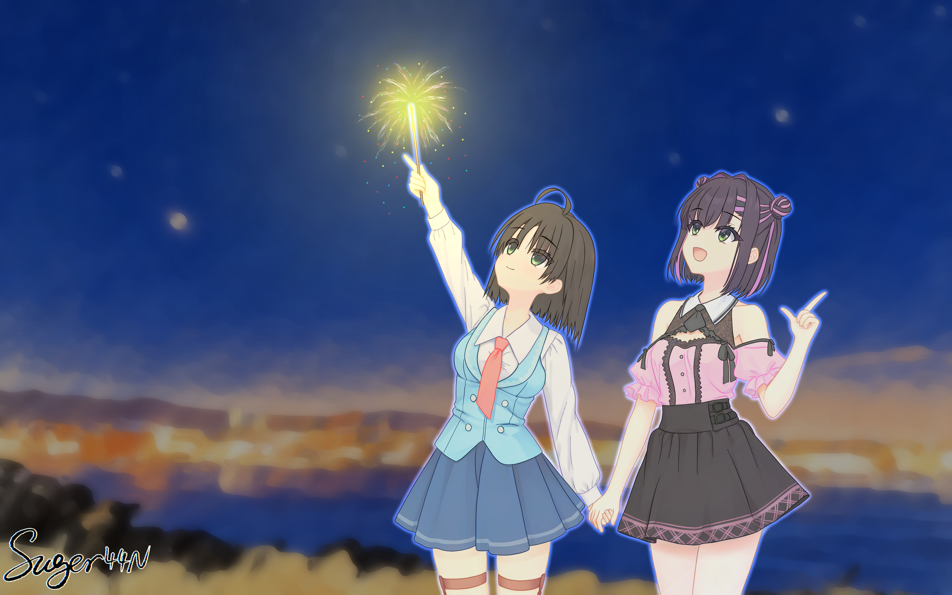 hitachi mako, nabari anju, limelight lemonade jam, senren banka, yuzusoft, absurdres, highres, 2girls, :d, ahoge, arm up, bare shoulders, black hair, black necktie, black skirt, blue outline, blue skirt, blue vest, blurry, blurry background, breasts, buttons, center frills, closed mouth, collared shirt, company connection, couple, cowboy shot, crossover, double-breasted, double bun, eyes visible through hair, frilled shirt, frilled sleeves, frills, green eyes, hair between eyes, hair bun, hair intakes, hand up, high-waist skirt, holding, holding fireworks, index finger raised, jirai kei, looking up, medium breasts, medium hair, miniskirt, multicolored hair, multiple girls, necktie, night, off-shoulder shirt, off shoulder, official alternate costume, official alternate hairstyle, open mouth, outdoors, outline, pink shirt, pleated skirt, puffy short sleeves, puffy sleeves, purple hair, red necktie, shirt, short necktie, short sleeves, signature, skirt, smile, streaked hair, suger44n, thigh strap, two-tone hair, vest, white shirt, yuri