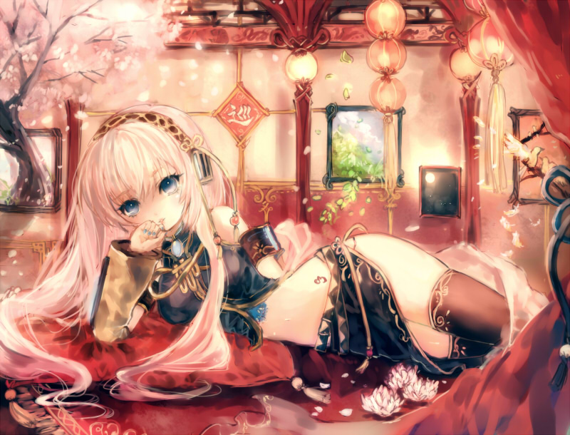 onineko, megurine luka, vocaloid, blue eyes, cherry blossoms, detached sleeves, flower, hairband, headphones, long hair, midriff, pink hair, skirt, solo, thighhighs, very long hair