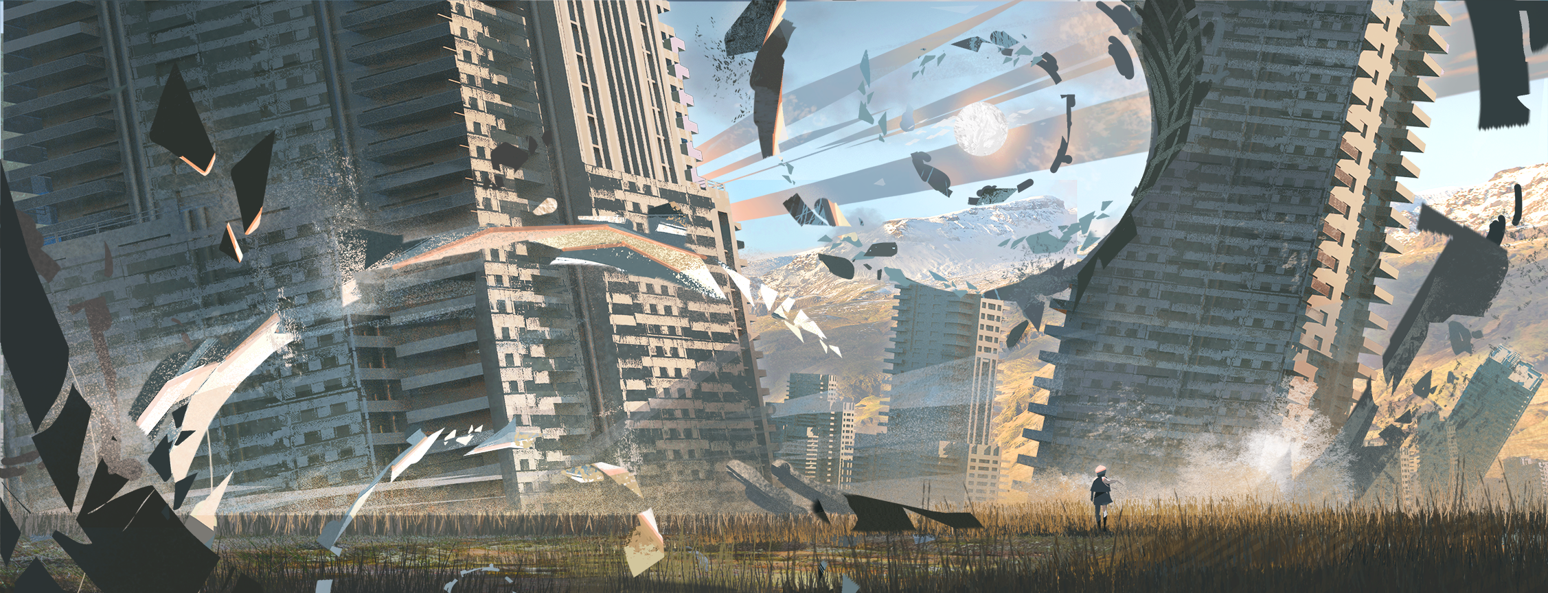 sisou, original, blender (medium), commentary request, highres, 1girl, blue sky, building, city, cloud, day, debris, grass, outdoors, ruins, scenery, sky, skyscraper, solo, sun, sunlight, very wide shot