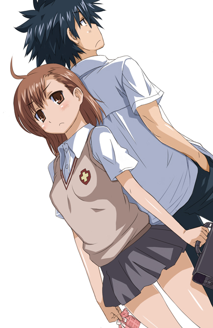 imo works, kamijou touma, misaka mikoto, toaru kagaku no railgun, toaru majutsu no index, 00s, 1boy, 1girl, antenna hair, back-to-back, bag, black eyes, black hair, blush, brown eyes, brown hair, couple, dutch angle, gift, holding, pants, school uniform, serious, short hair, skirt, spiked hair, sweater vest, vest