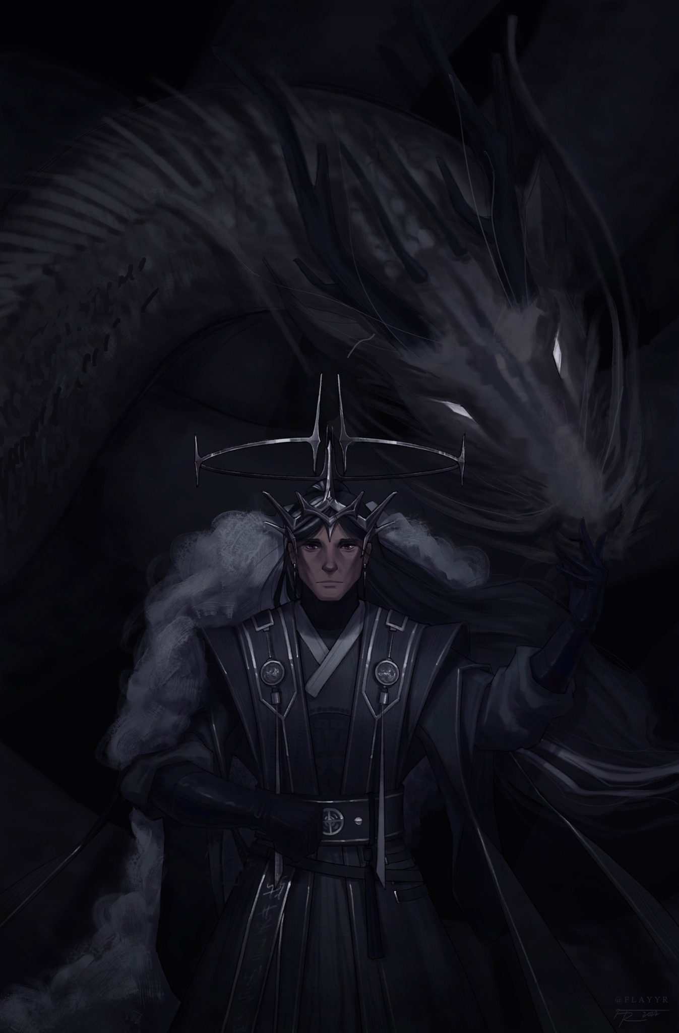 dark cacao cookie, cookie run, cookie run: kingdom, highres, 1boy, black gloves, black hair, black theme, cowboy shot, creature, crown, dragon, flayyrart, fur collar, gloves, hair flowing over, halo, hand on own stomach, hand up, long hair, male focus, personification, robe, upper body, very long hair, vest